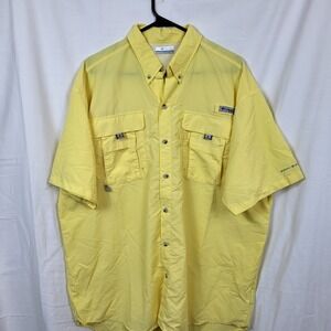 Columbia PFG Bahama II Short Sleeve Fishing Shirt Yellow Mens Large UPF 30 Vent